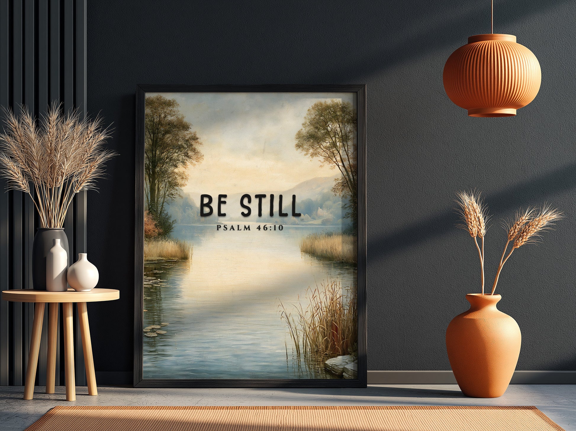 Be Still poster featuring serene landscape and Psalm 46:10, inspirational wall art in soft blue and earthy