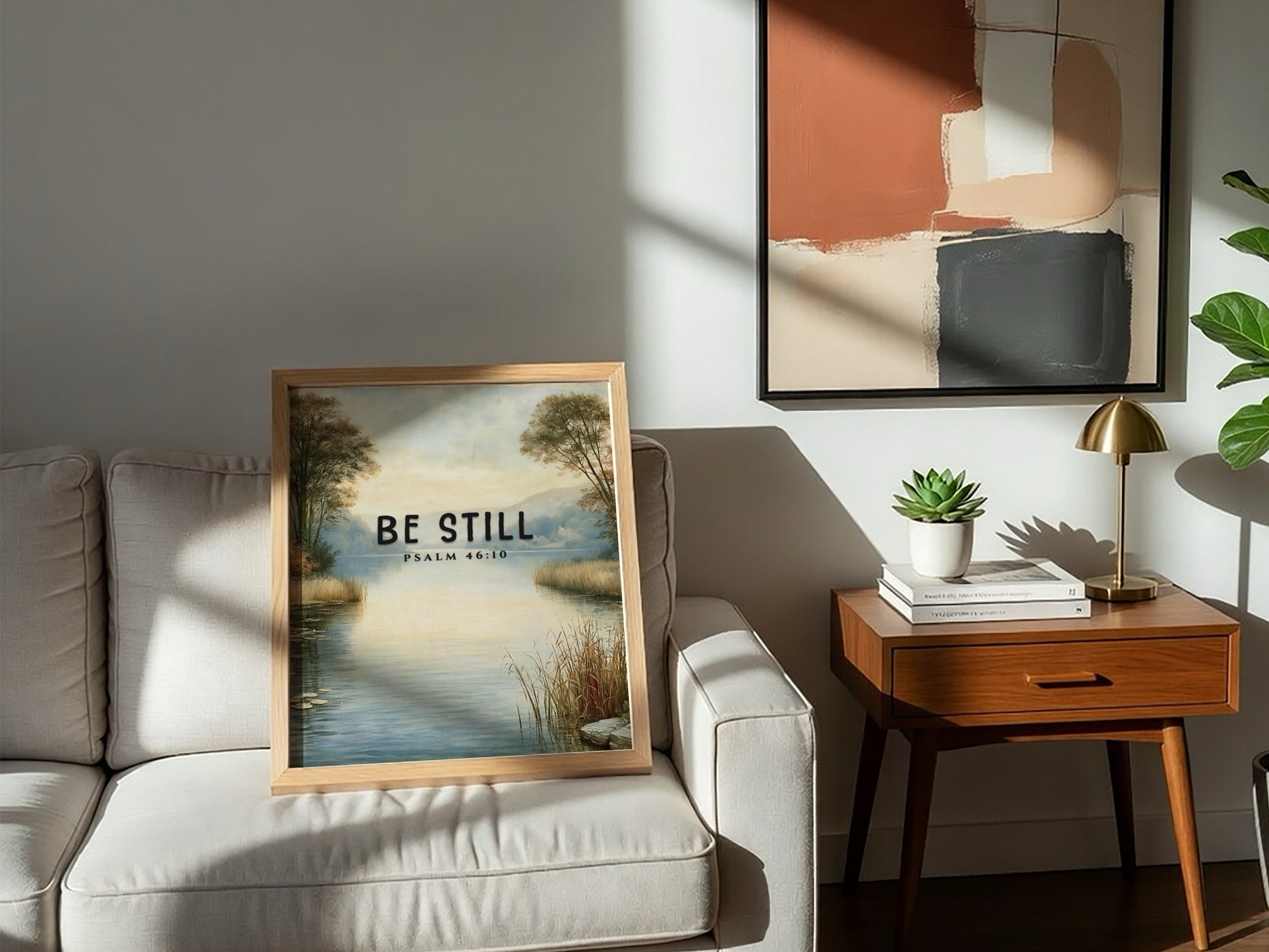 Be Still poster featuring serene landscape and Psalm 46:10, inspirational wall art in soft blue and earthy