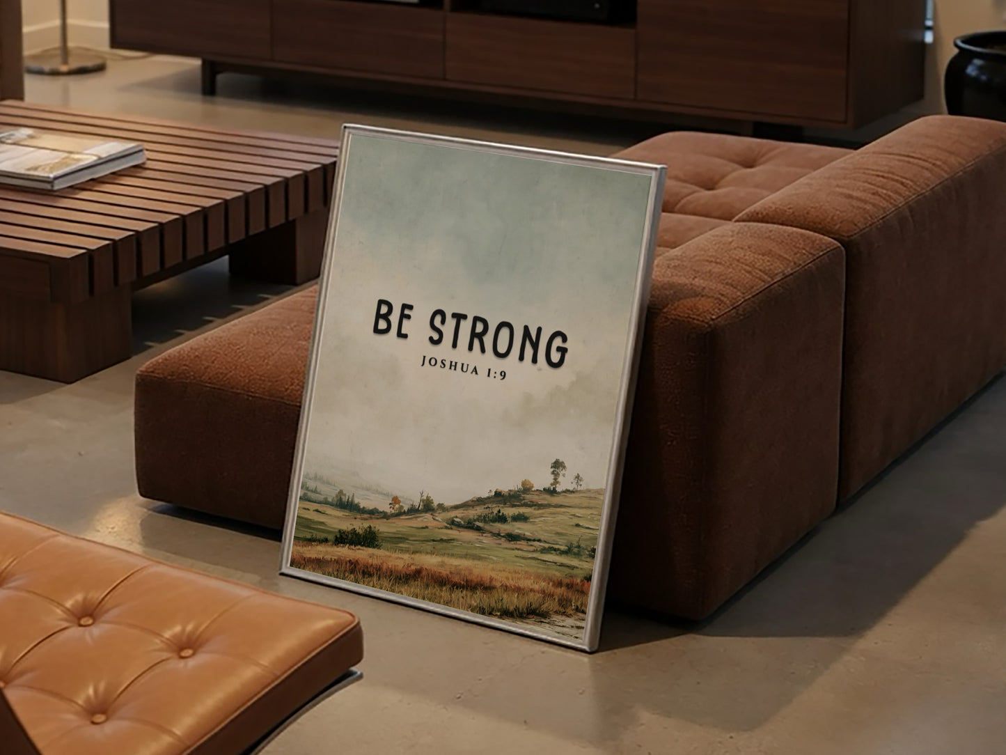 Be Strong poster featuring a serene landscape and inspirational message from Joshua 1:9 in soft greens and