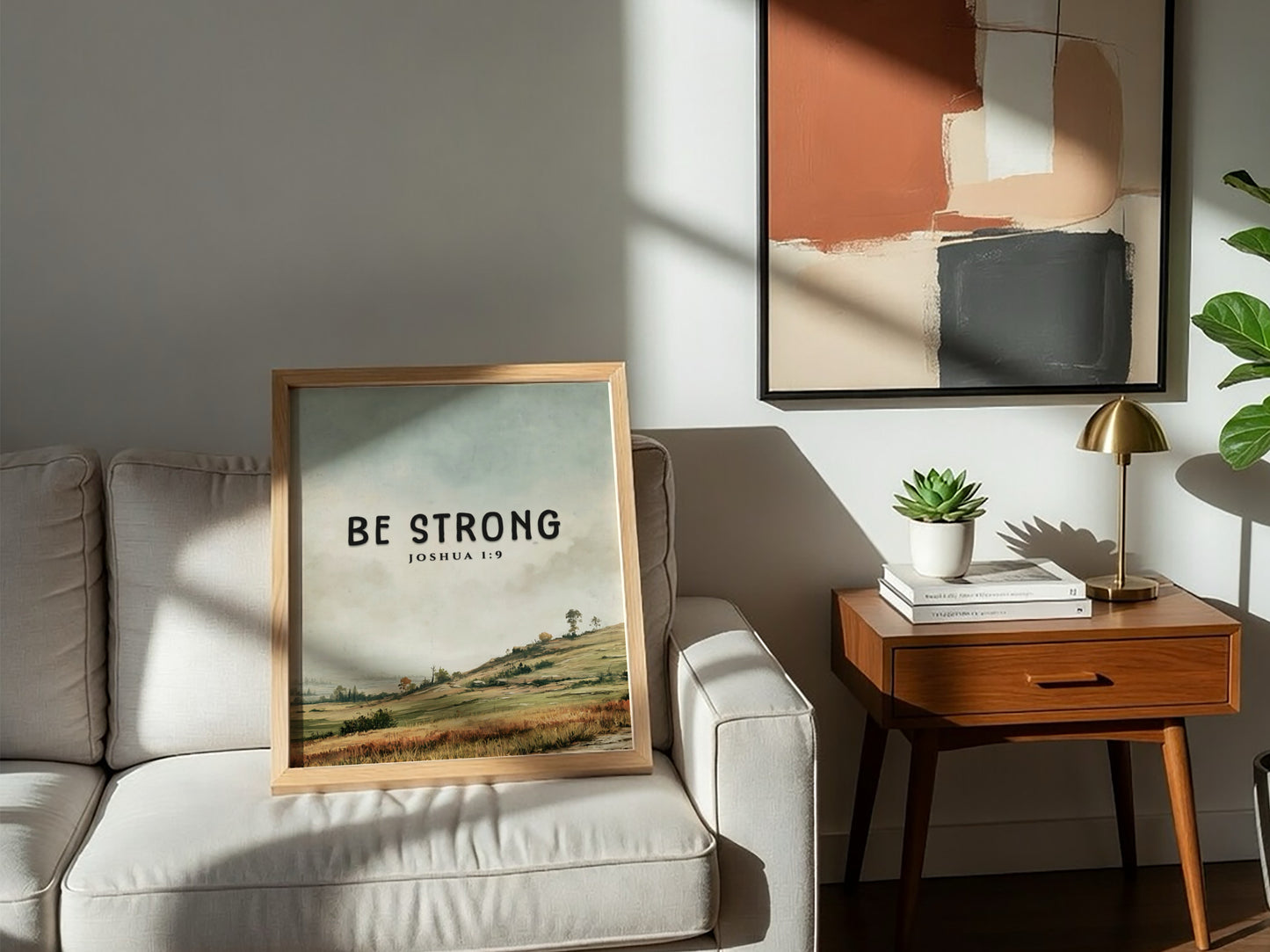 Be Strong poster featuring a serene landscape and inspirational message from Joshua 1:9 in soft greens and
