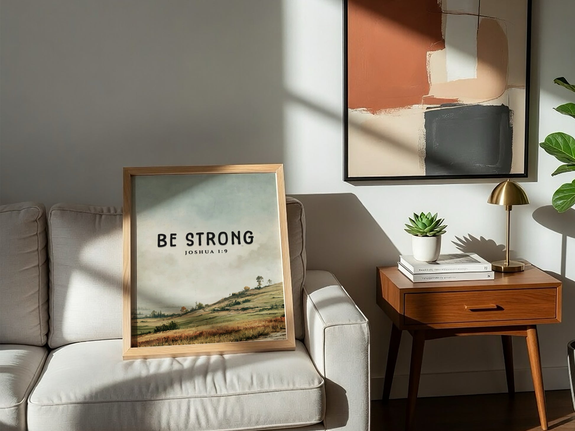 Be Strong poster featuring a serene landscape and inspirational message from Joshua 1:9 in soft greens and