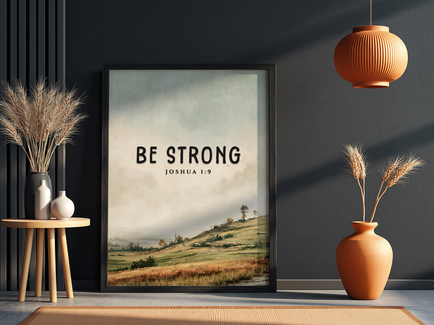 Be Strong poster featuring a serene landscape and inspirational message from Joshua 1:9 in soft greens and