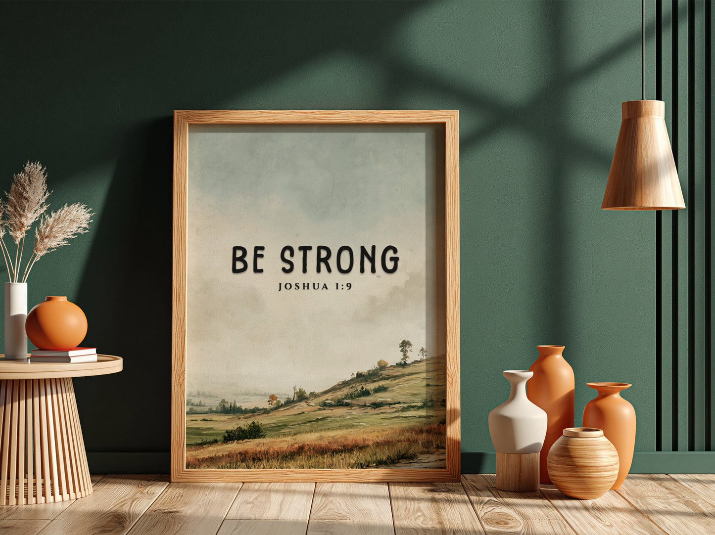 Be Strong poster featuring a serene landscape and inspirational message from Joshua 1:9 in soft greens and