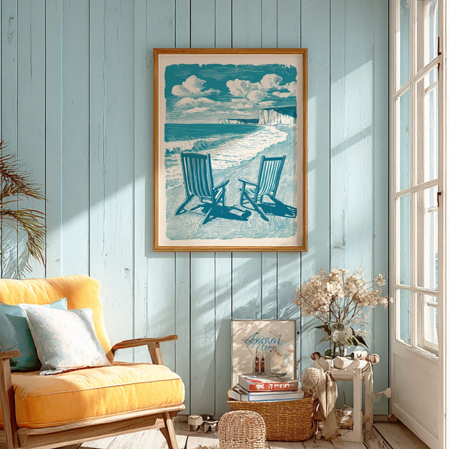 minimal beach wall art with two seaside chairs and open horizon.