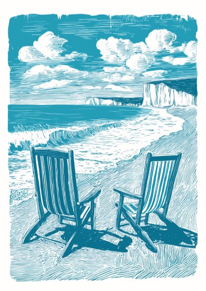 Beach Chairs minimal beach wall art with two seaside chairs and open horizon.