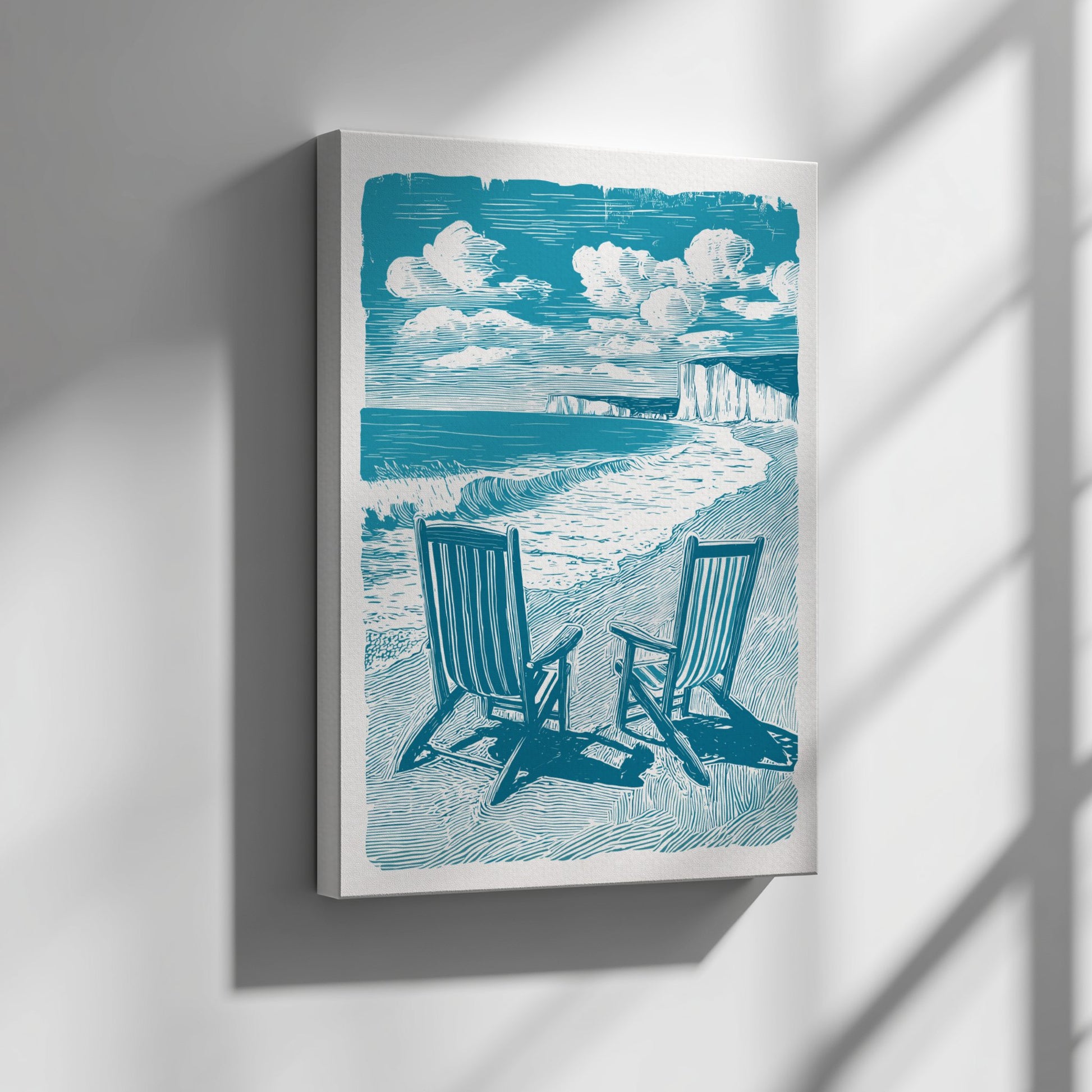 minimal beach wall art with two seaside chairs and open horizon.
