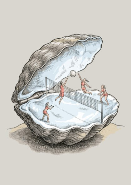 Poster featuring a beach volleyball match happening inside a large open oyster shell