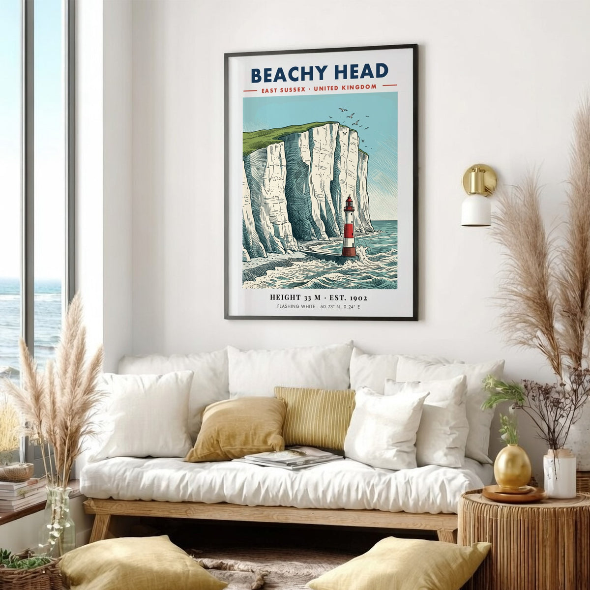 Beachy Head travel poster featuring a red and white lighthouse below white cliffs.