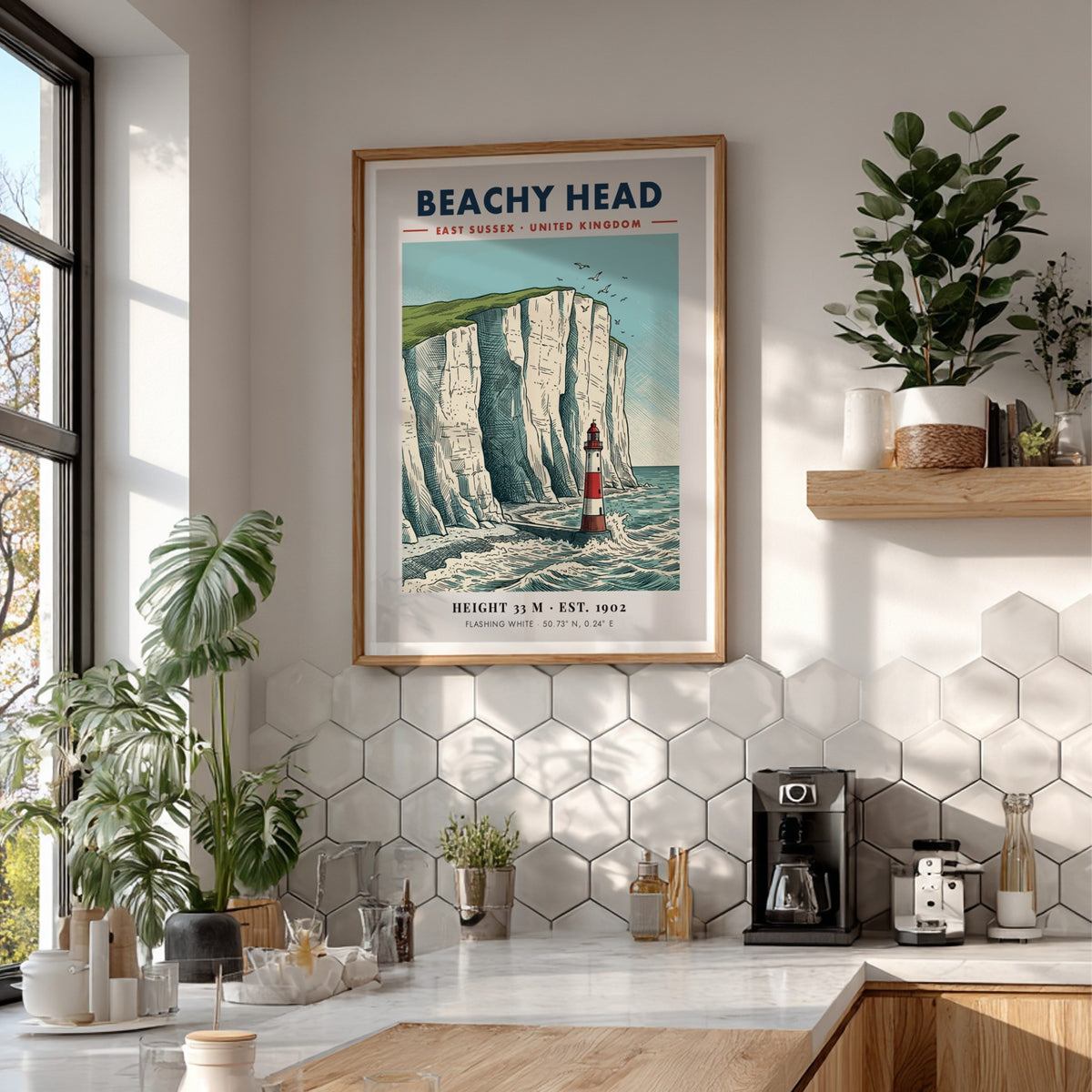 Beachy Head travel poster featuring a red and white lighthouse below white cliffs.