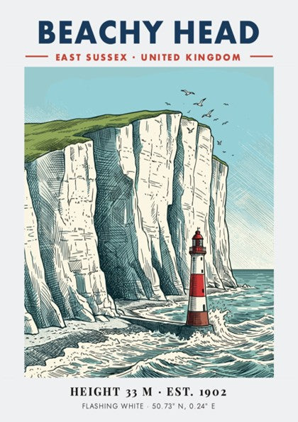 Beachy Head travel poster featuring a red and white lighthouse below white cliffs.
