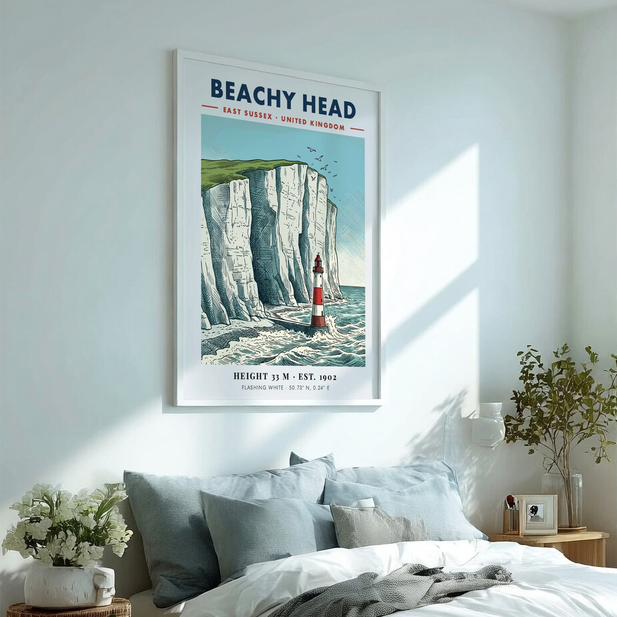Beachy Head travel poster featuring a red and white lighthouse below white cliffs.