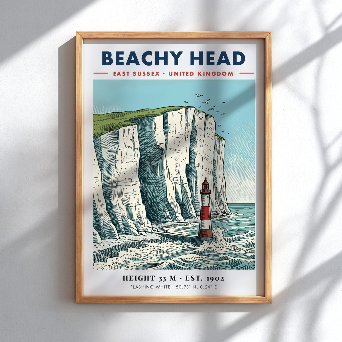 Beachy Head travel poster featuring a red and white lighthouse below white cliffs.