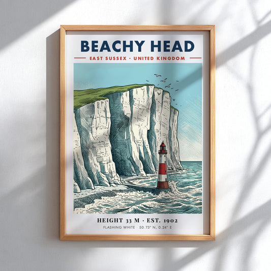 Beachy Head travel poster featuring a red and white lighthouse below white cliffs.