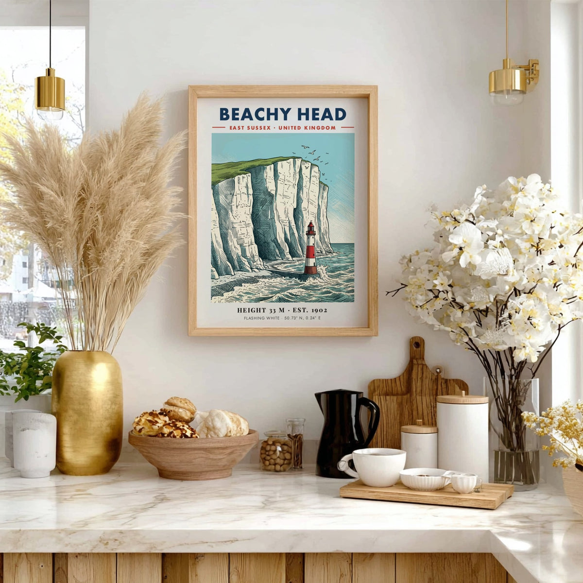 Beachy Head travel poster featuring a red and white lighthouse below white cliffs.