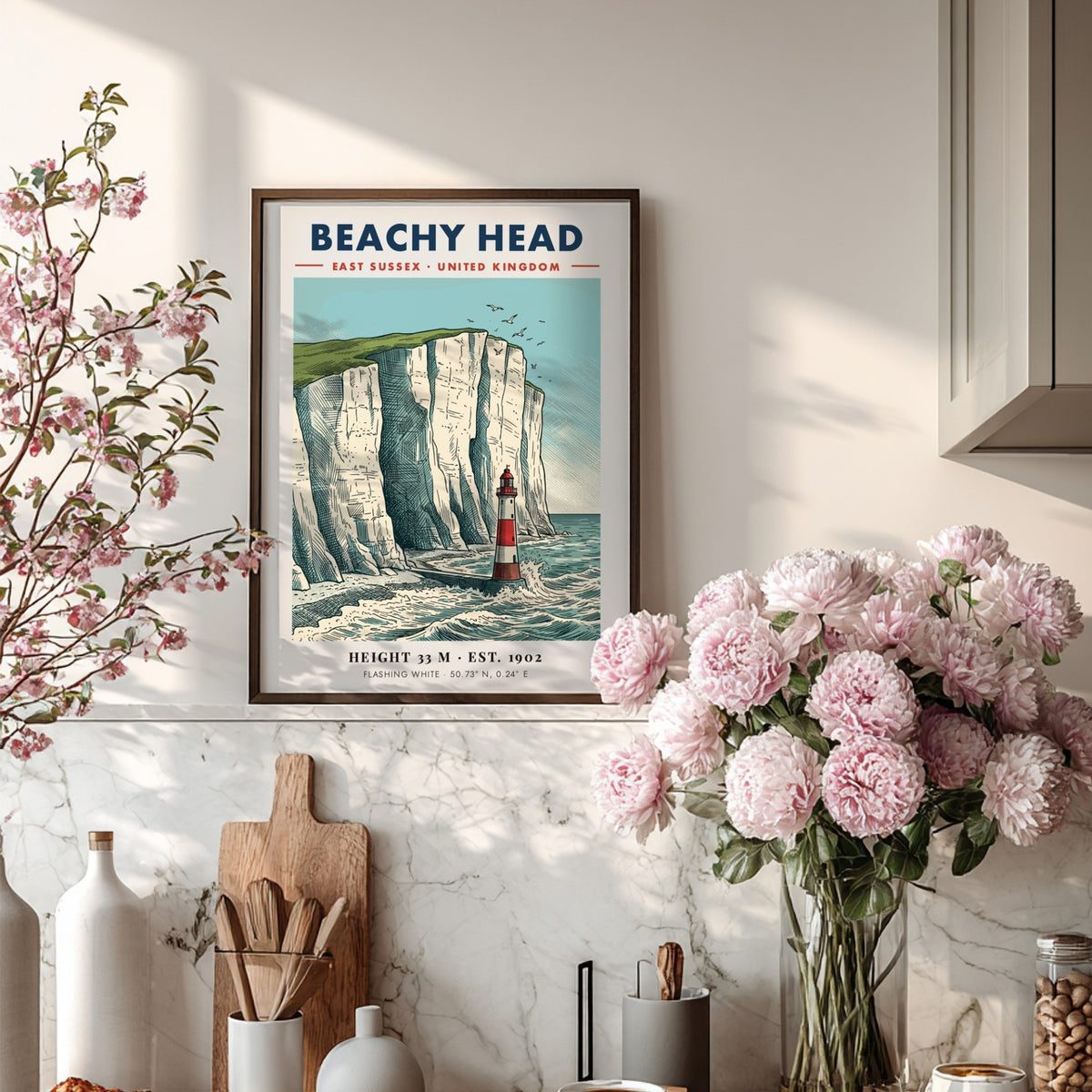 Beachy Head travel poster featuring a red and white lighthouse below white cliffs.