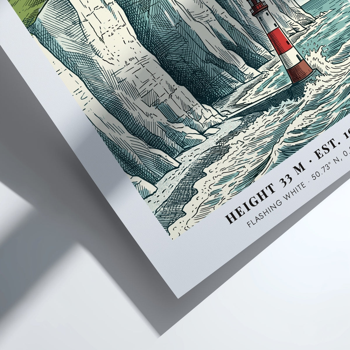 Beachy Head travel poster featuring a red and white lighthouse below white cliffs.