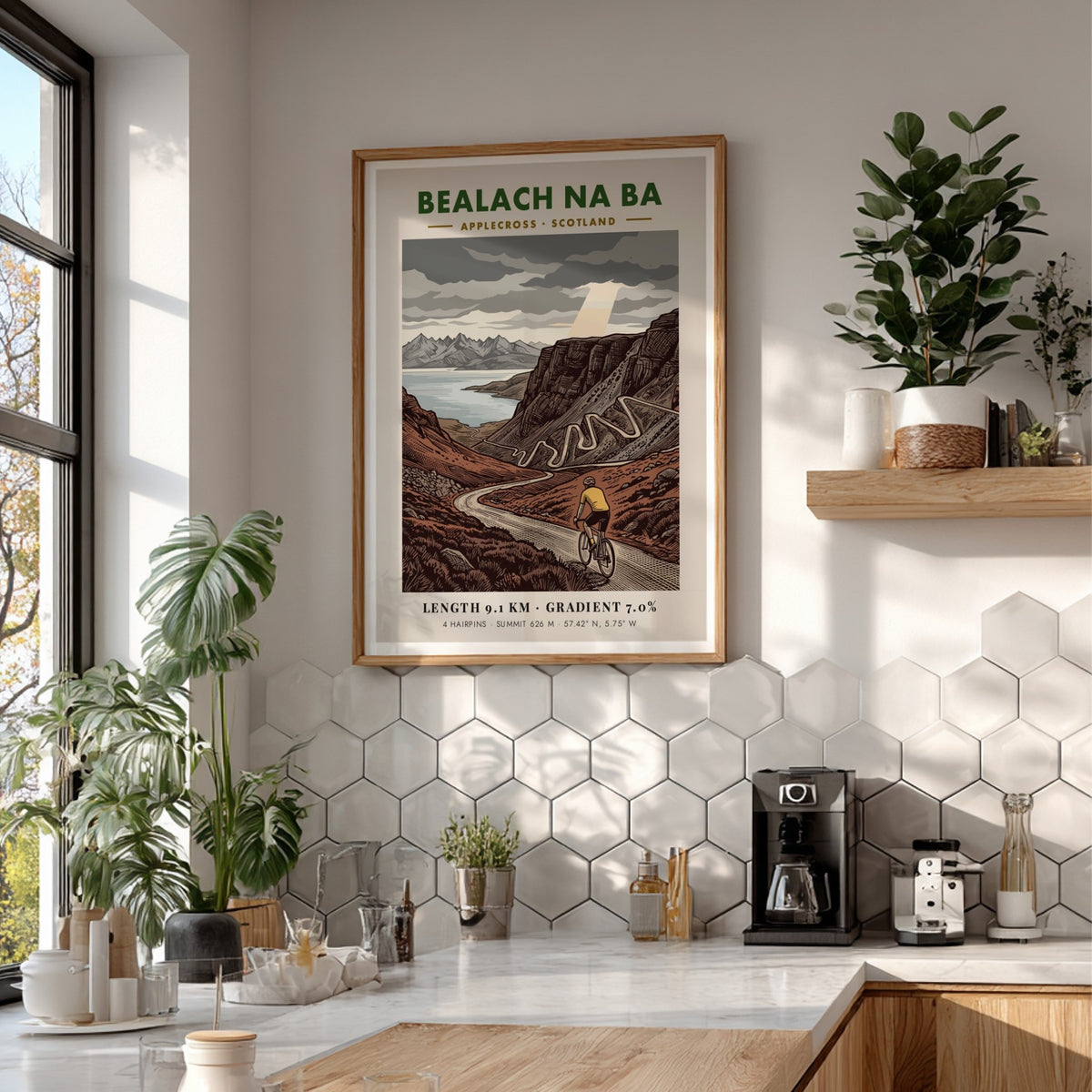Poster of the Bealach Na Ba cycling climb featuring winding roads and mountains.
