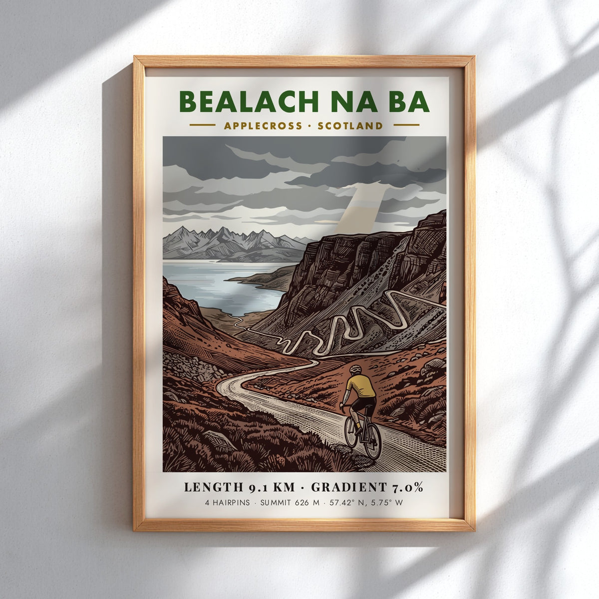 Poster of the Bealach Na Ba cycling climb featuring winding roads and mountains.