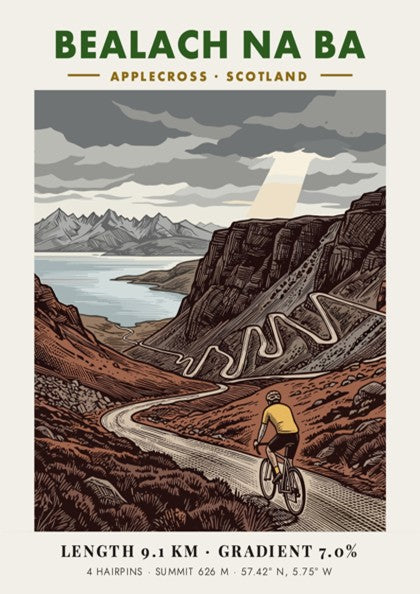 Poster of the Bealach Na Ba cycling climb featuring winding roads and mountains.