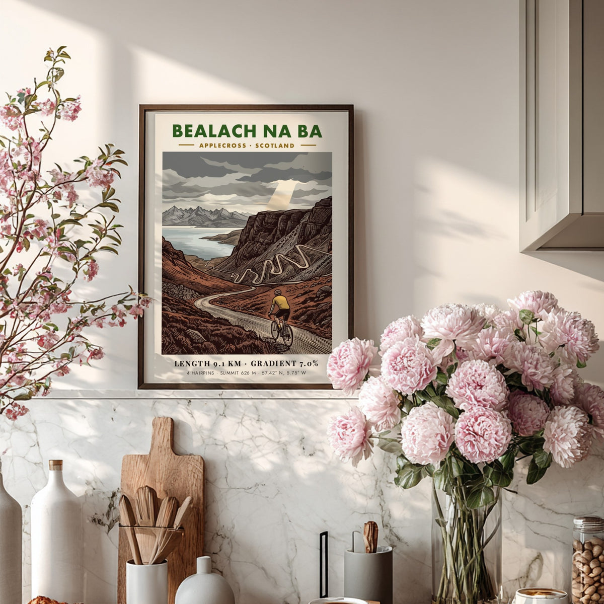 Poster of the Bealach Na Ba cycling climb featuring winding roads and mountains.