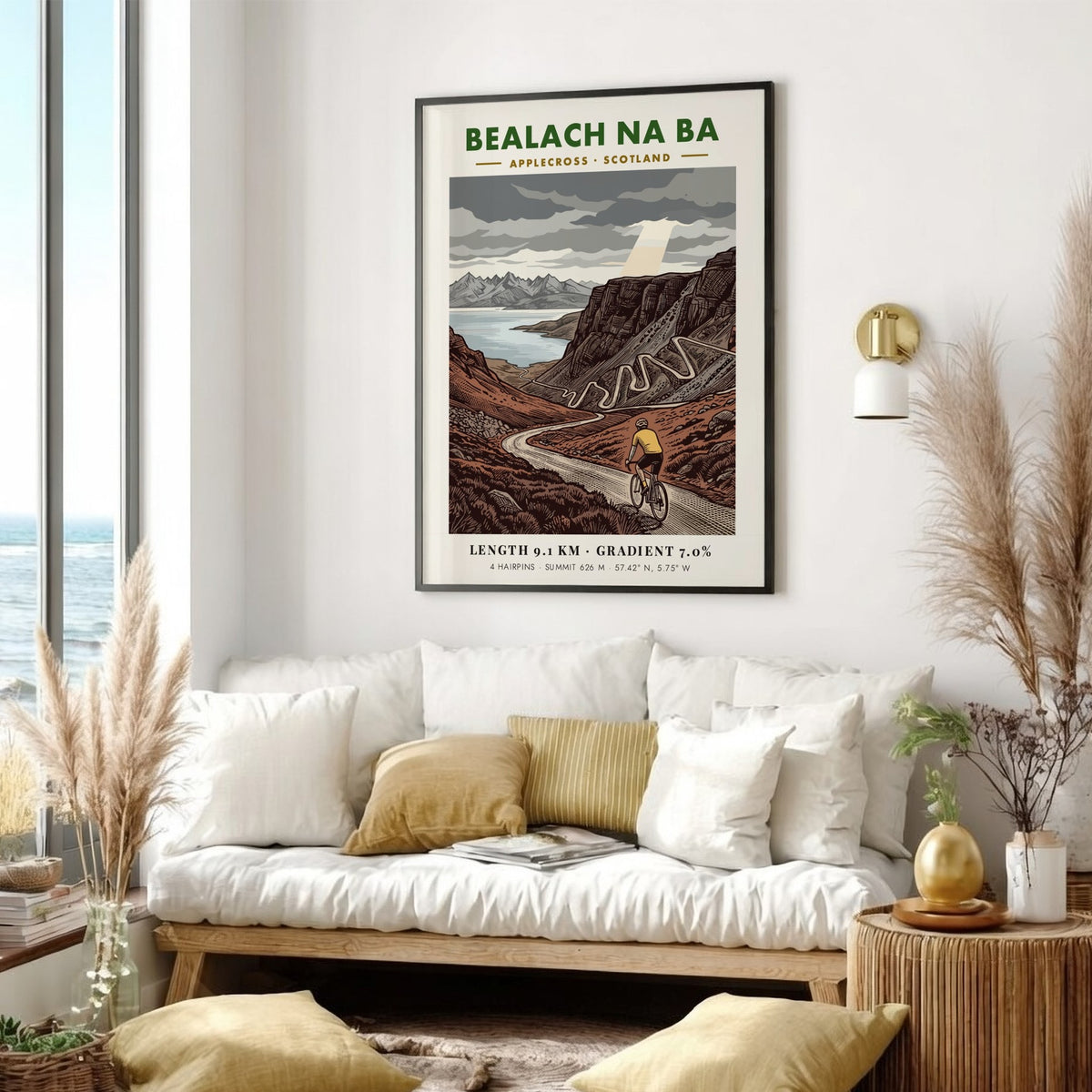 Poster of the Bealach Na Ba cycling climb featuring winding roads and mountains.