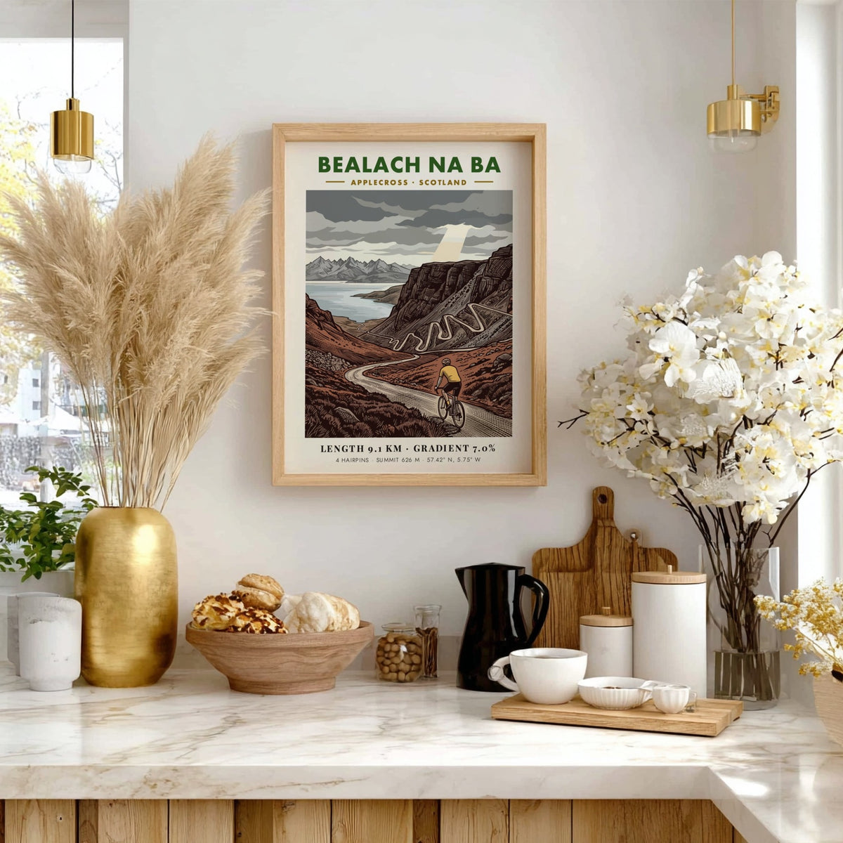 Poster of the Bealach Na Ba cycling climb featuring winding roads and mountains.