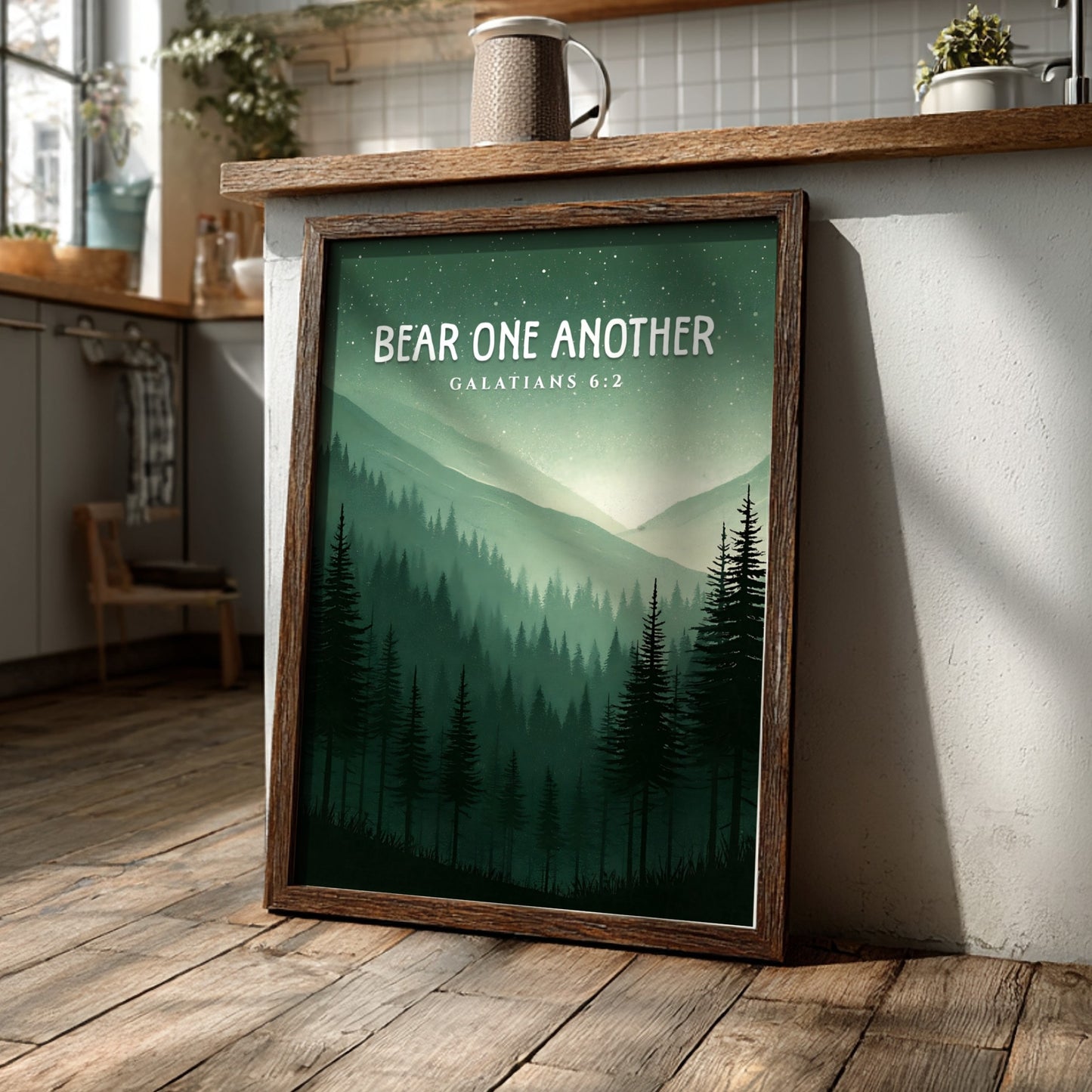 Bear One Another poster featuring a serene forest landscape with Galatians 6:2 verse in calming green tones.