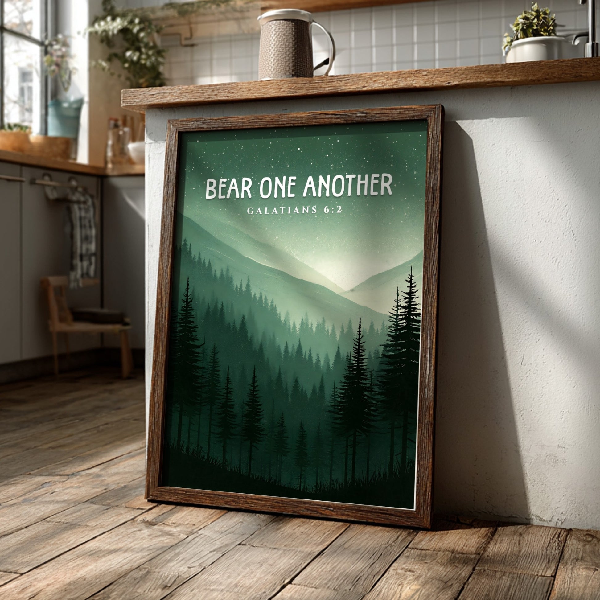 Bear One Another poster featuring a serene forest landscape with Galatians 6:2 verse in calming green tones.