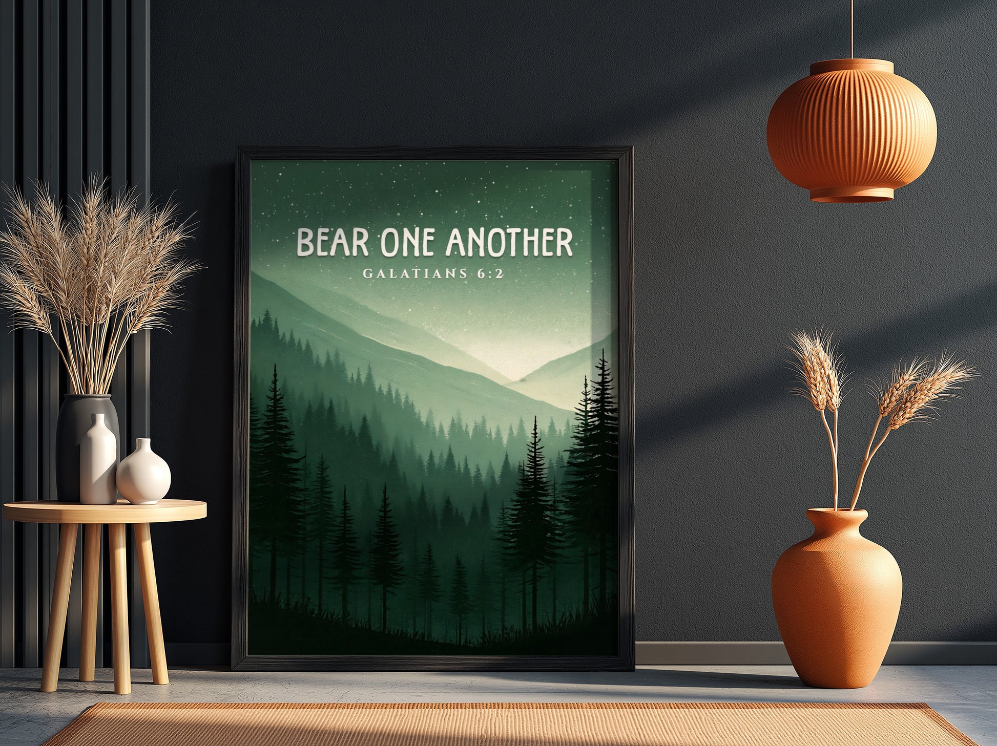 Bear One Another poster featuring a serene forest landscape with Galatians 6:2 verse in calming green tones.