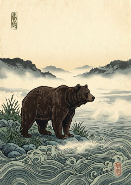 Japanese art style poster featuring a bear by a misty river with soft waves and muted colors