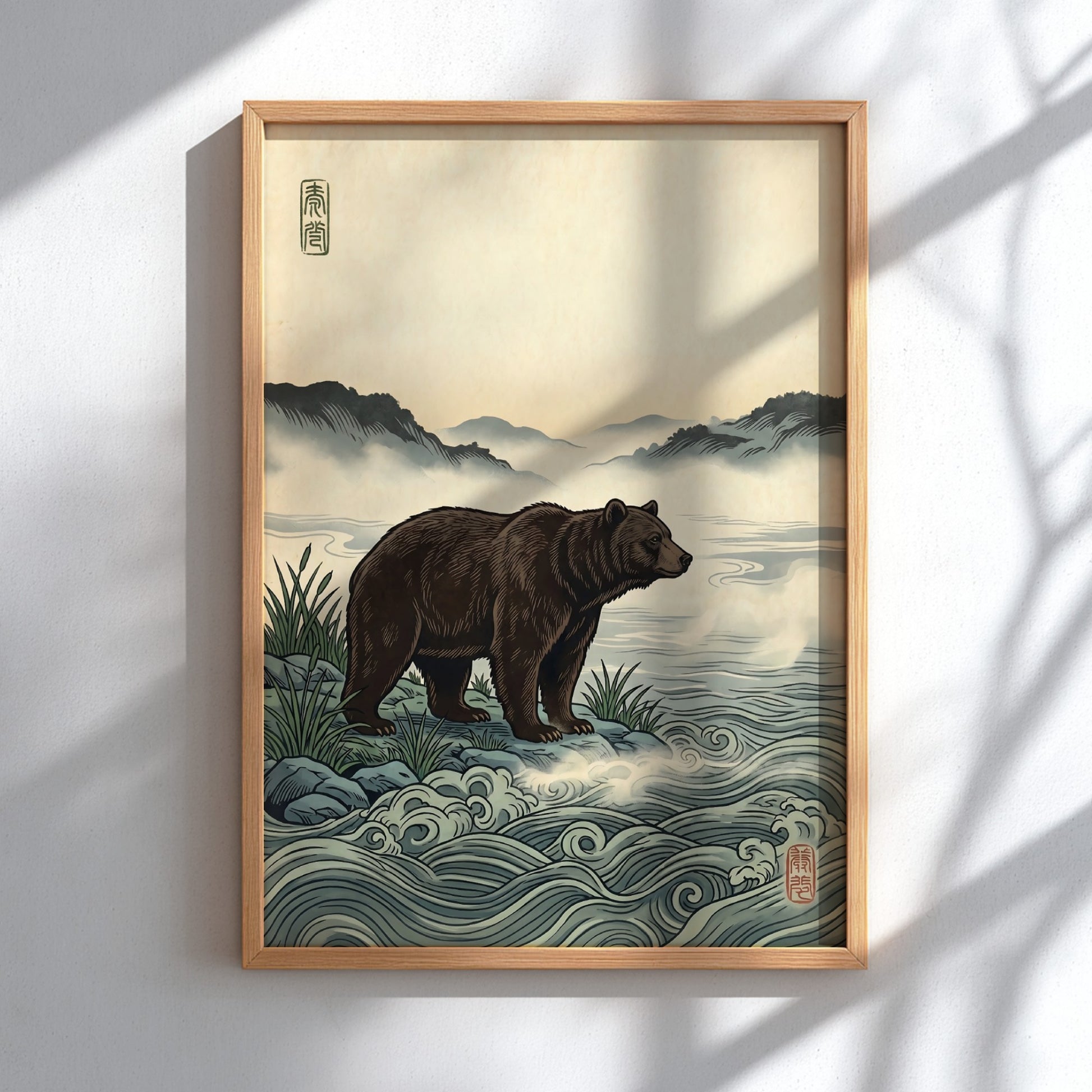 Japanese art style poster featuring a bear by a misty river with soft waves and muted colors