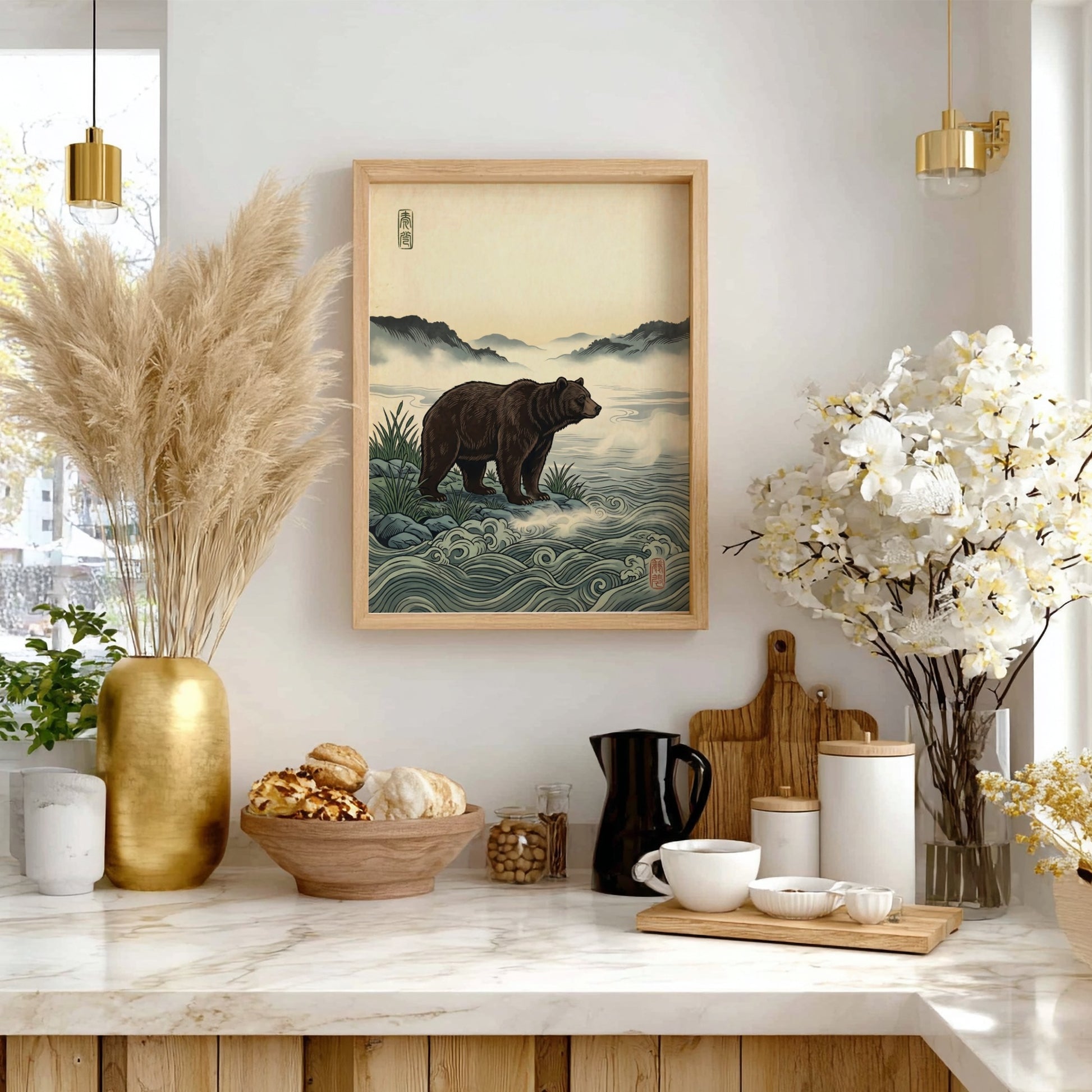 Japanese art style poster featuring a bear by a misty river with soft waves and muted colors