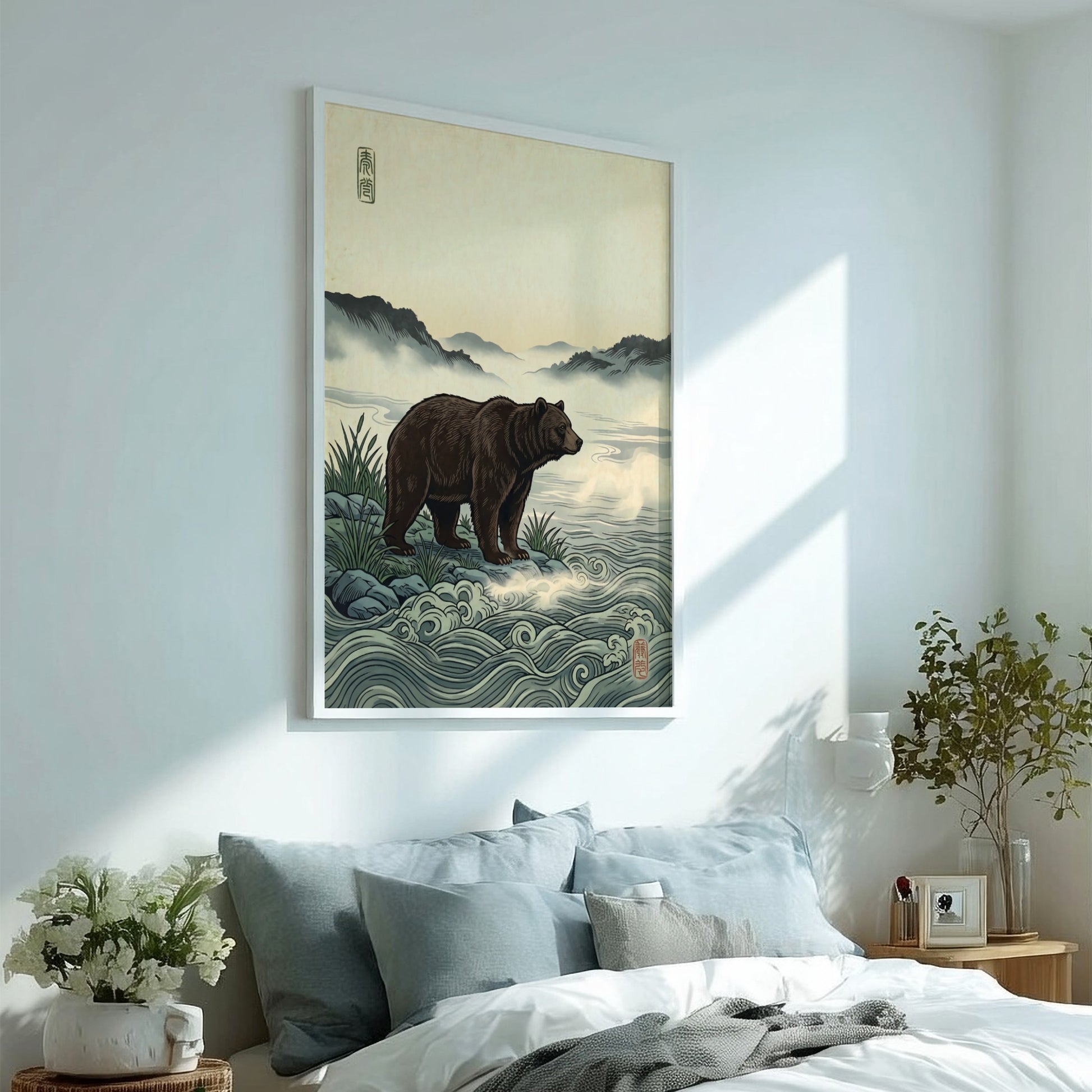 Japanese art style poster featuring a bear by a misty river with soft waves and muted colors