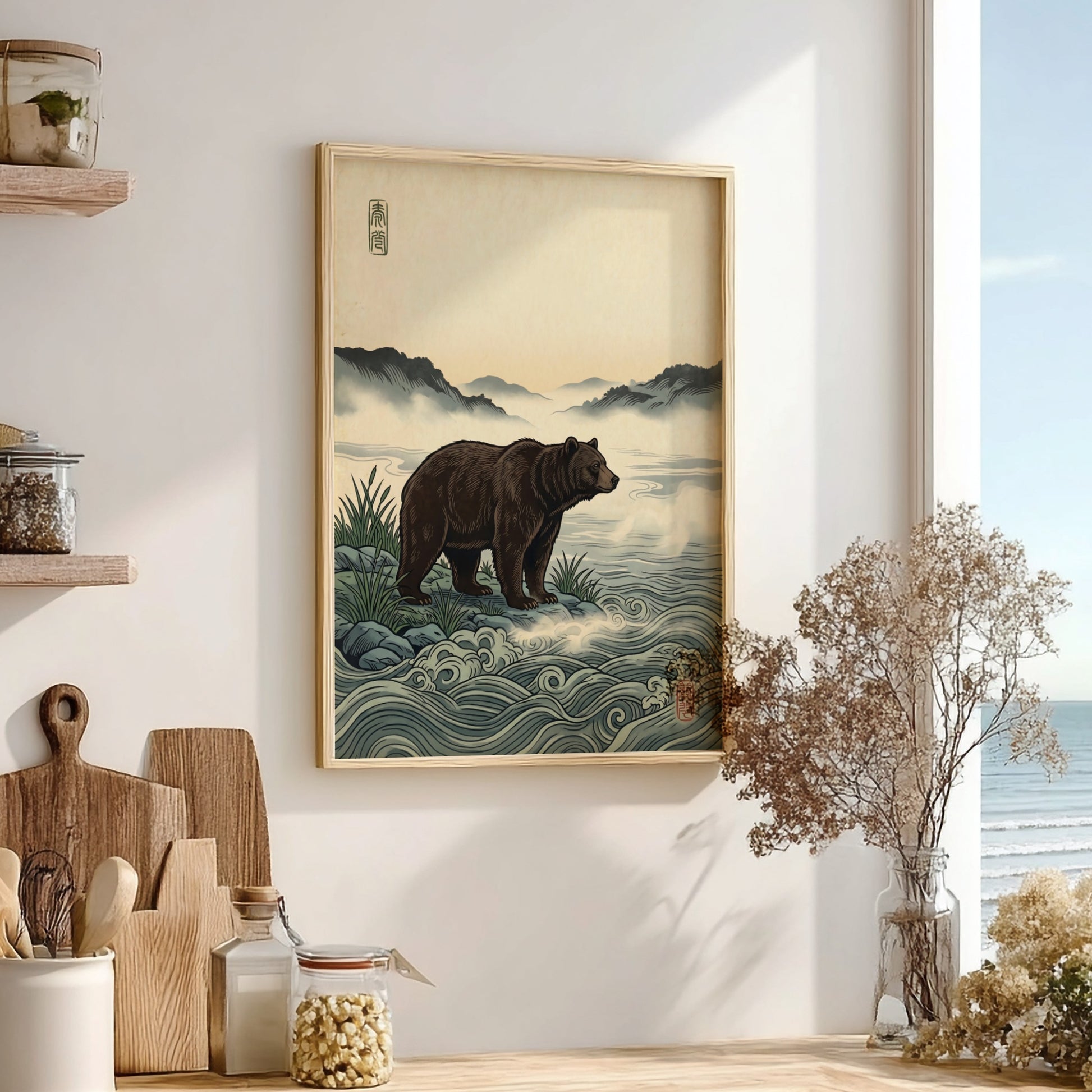 Japanese art style poster featuring a bear by a misty river with soft waves and muted colors