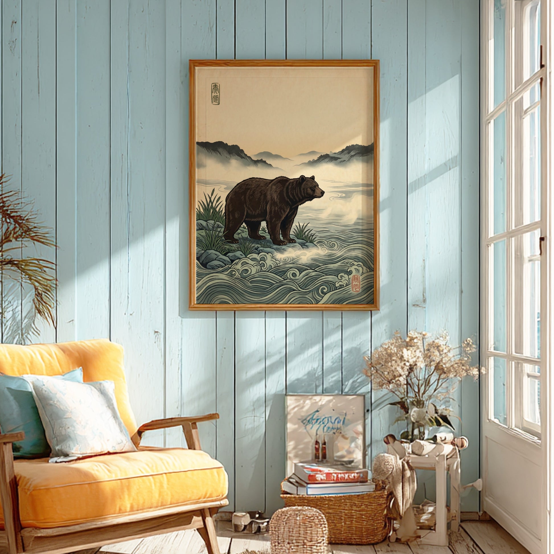 Japanese art style poster featuring a bear by a misty river with soft waves and muted colors