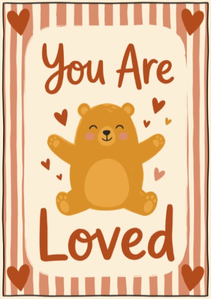 Kids room poster featuring a bear hugging with hearts, warm colors, and playful design for nursery decor