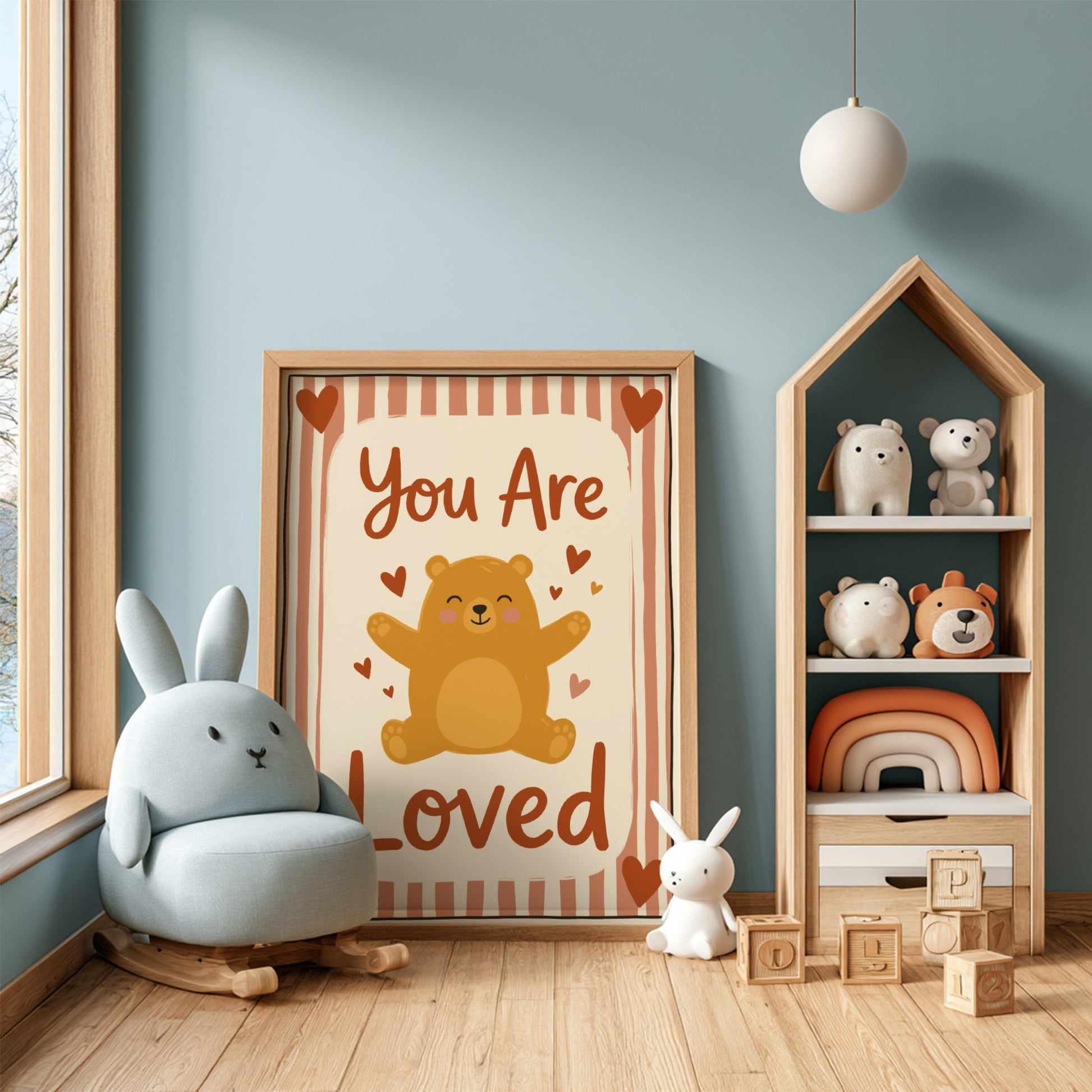Kids room poster featuring a bear hugging with hearts, warm colors, and playful design for nursery decor