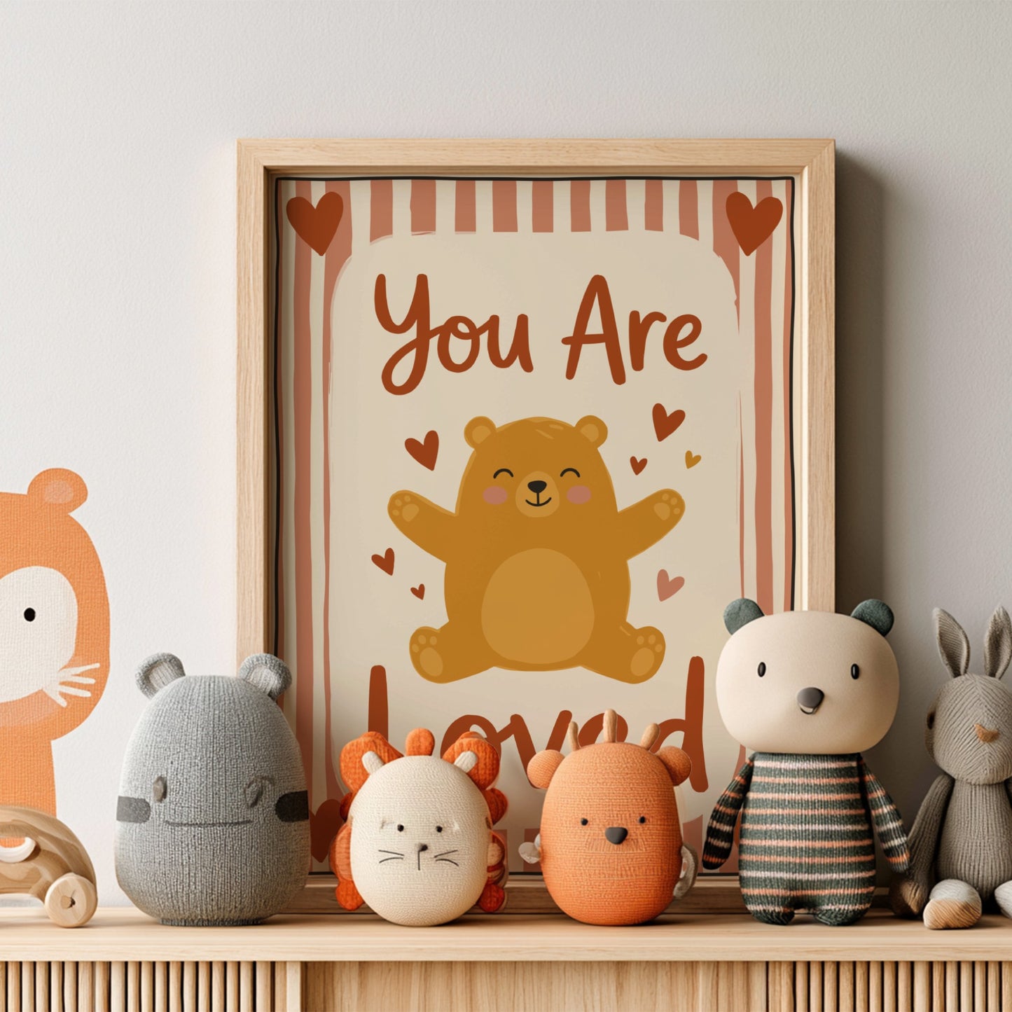 Kids room poster featuring a bear hugging with hearts, warm colors, and playful design for nursery decor