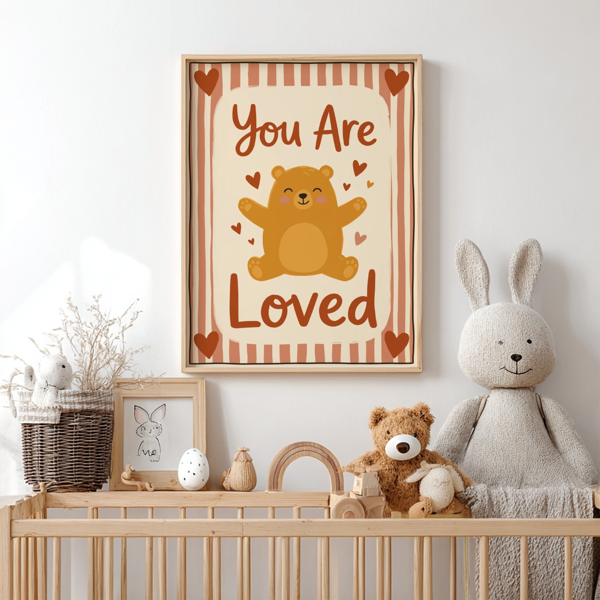 Kids room poster featuring a bear hugging with hearts, warm colors, and playful design for nursery decor
