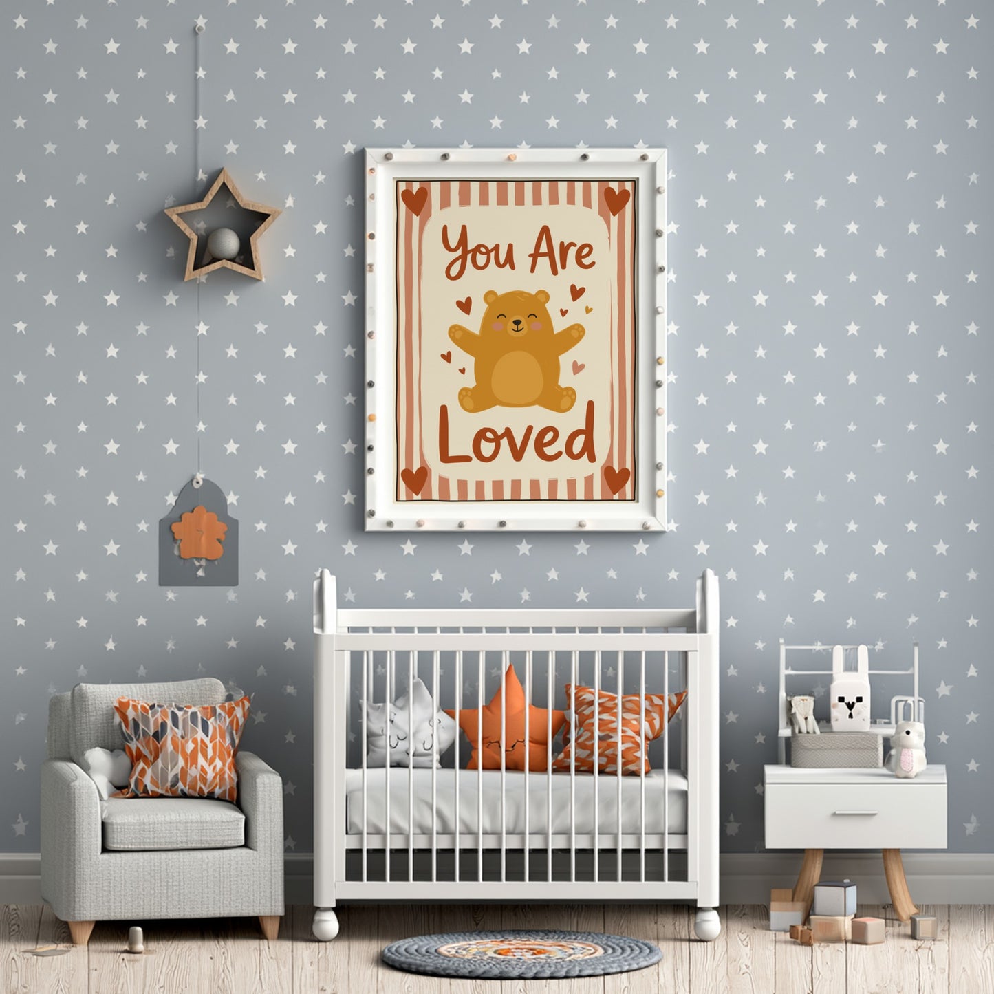 Kids room poster featuring a bear hugging with hearts, warm colors, and playful design for nursery decor