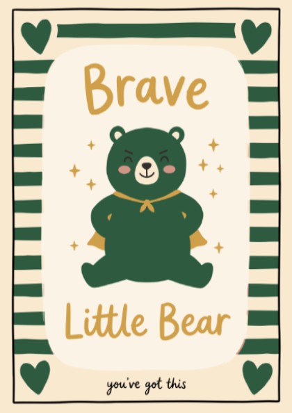 Brave Little Bear poster featuring a green bear in a cape, perfect for kids' room decor and nursery art.