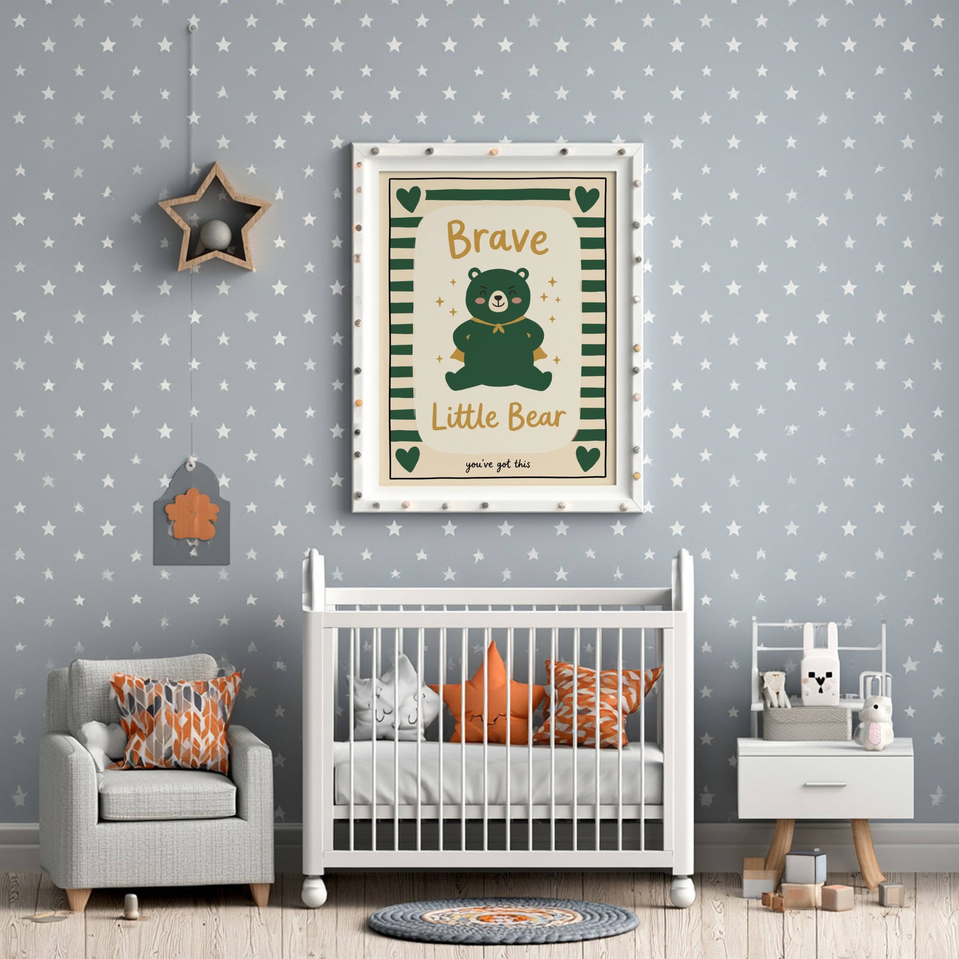 Brave Little Bear poster featuring a green bear in a cape, perfect for kids' room decor and nursery art.
