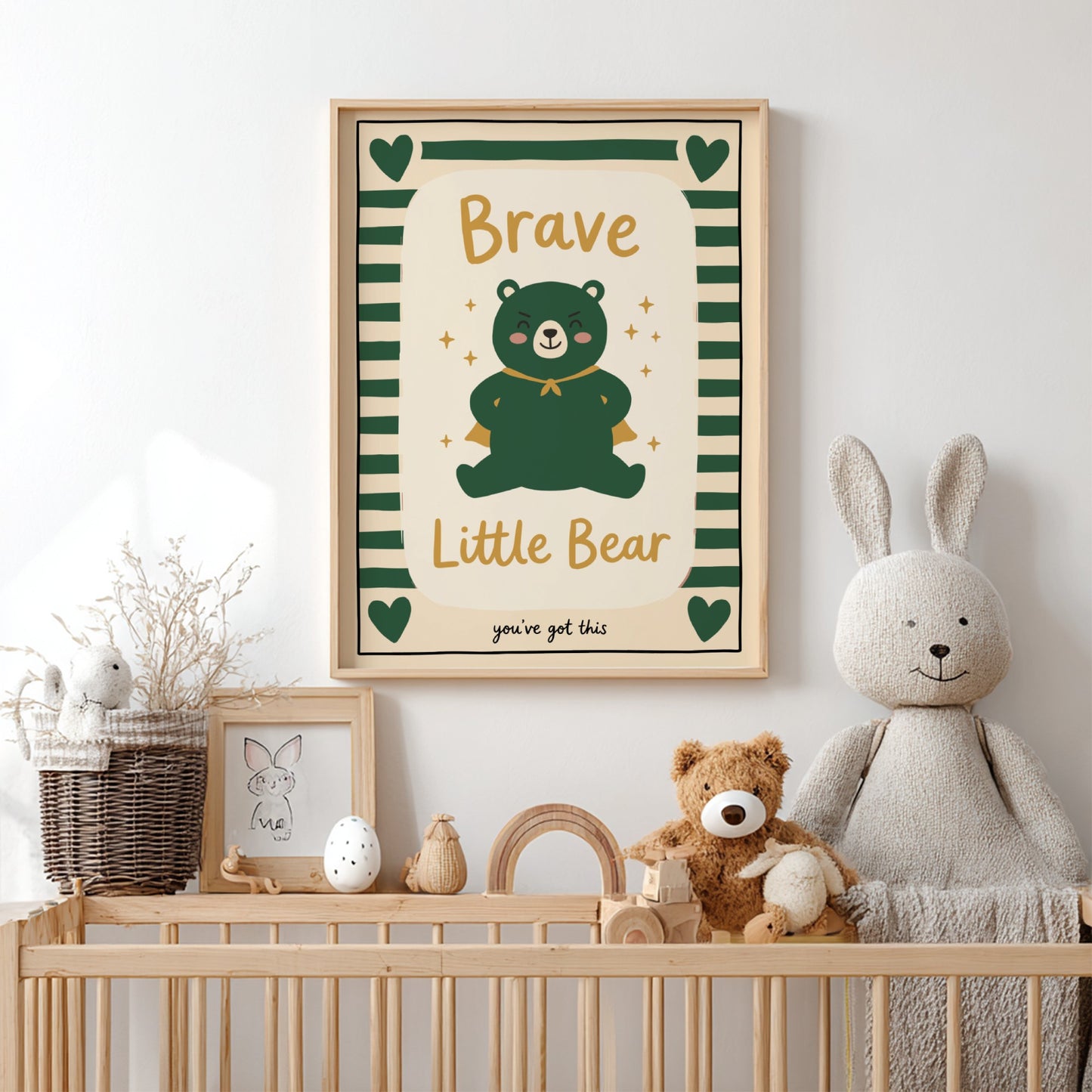 Brave Little Bear poster featuring a green bear in a cape, perfect for kids' room decor and nursery art.
