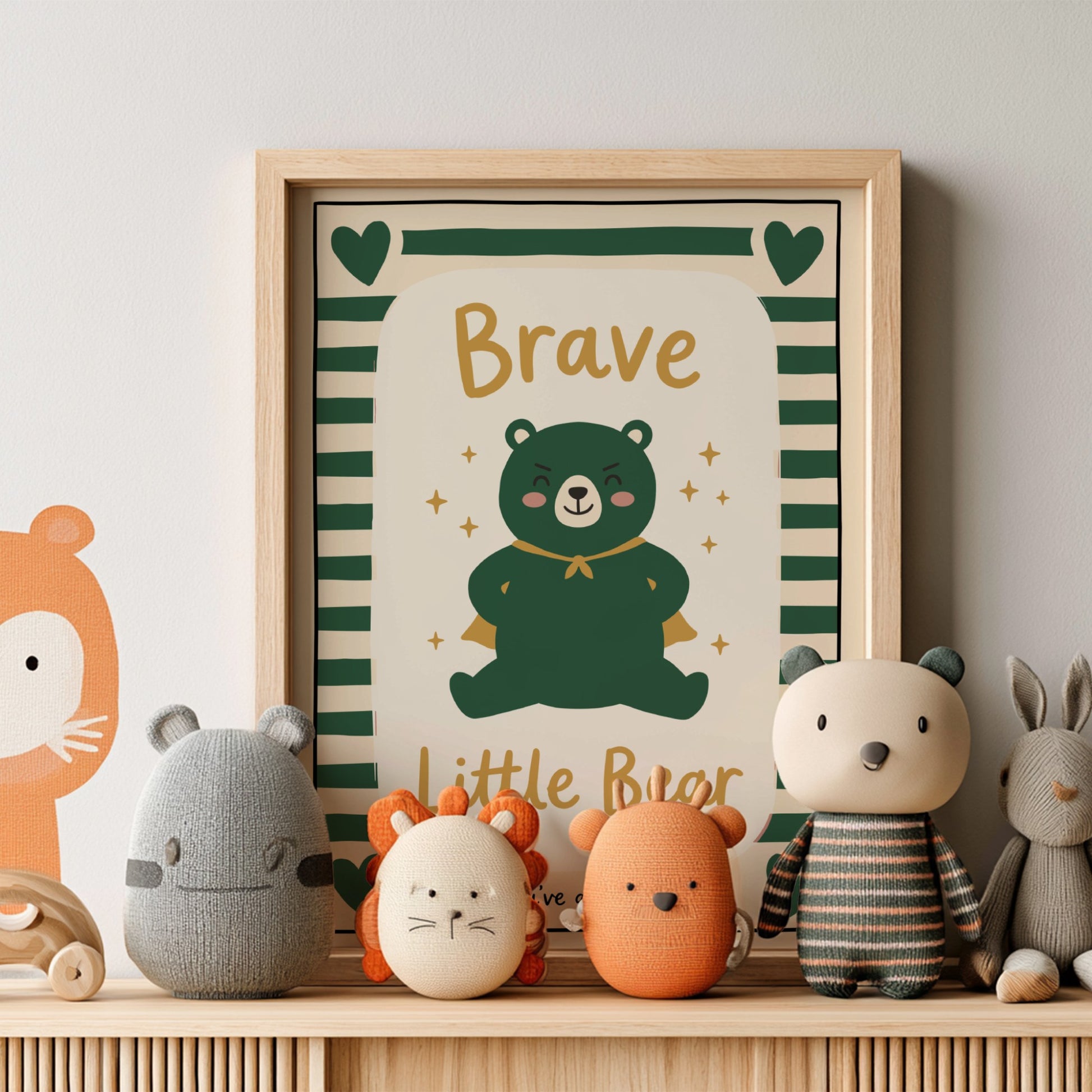 Brave Little Bear poster featuring a green bear in a cape, perfect for kids' room decor and nursery art.