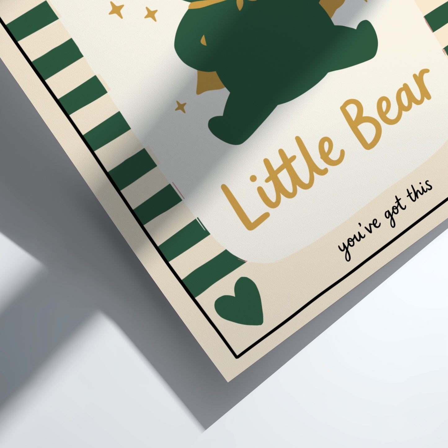 Brave Little Bear poster featuring a green bear in a cape, perfect for kids' room decor and nursery art.