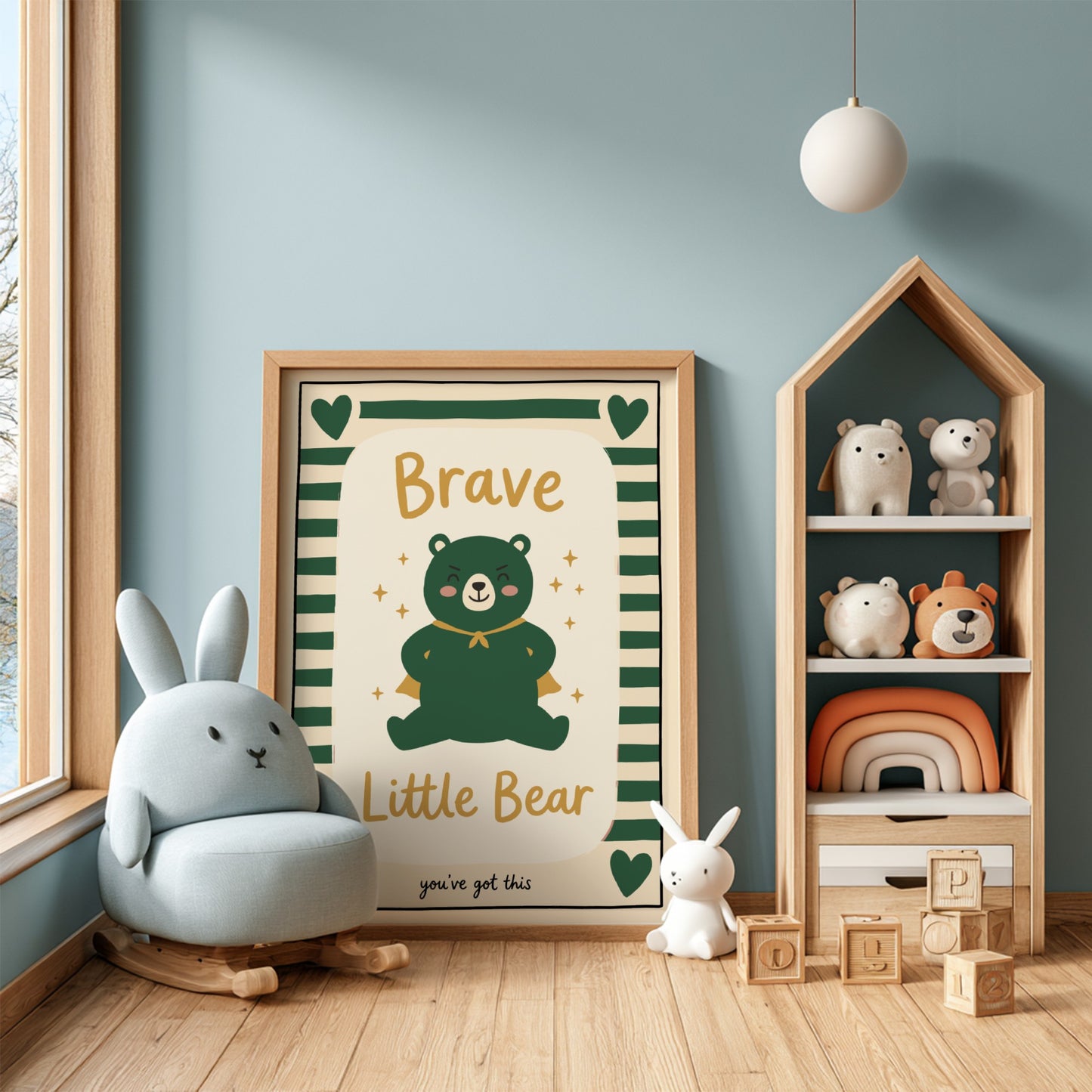 Brave Little Bear poster featuring a green bear in a cape, perfect for kids' room decor and nursery art.