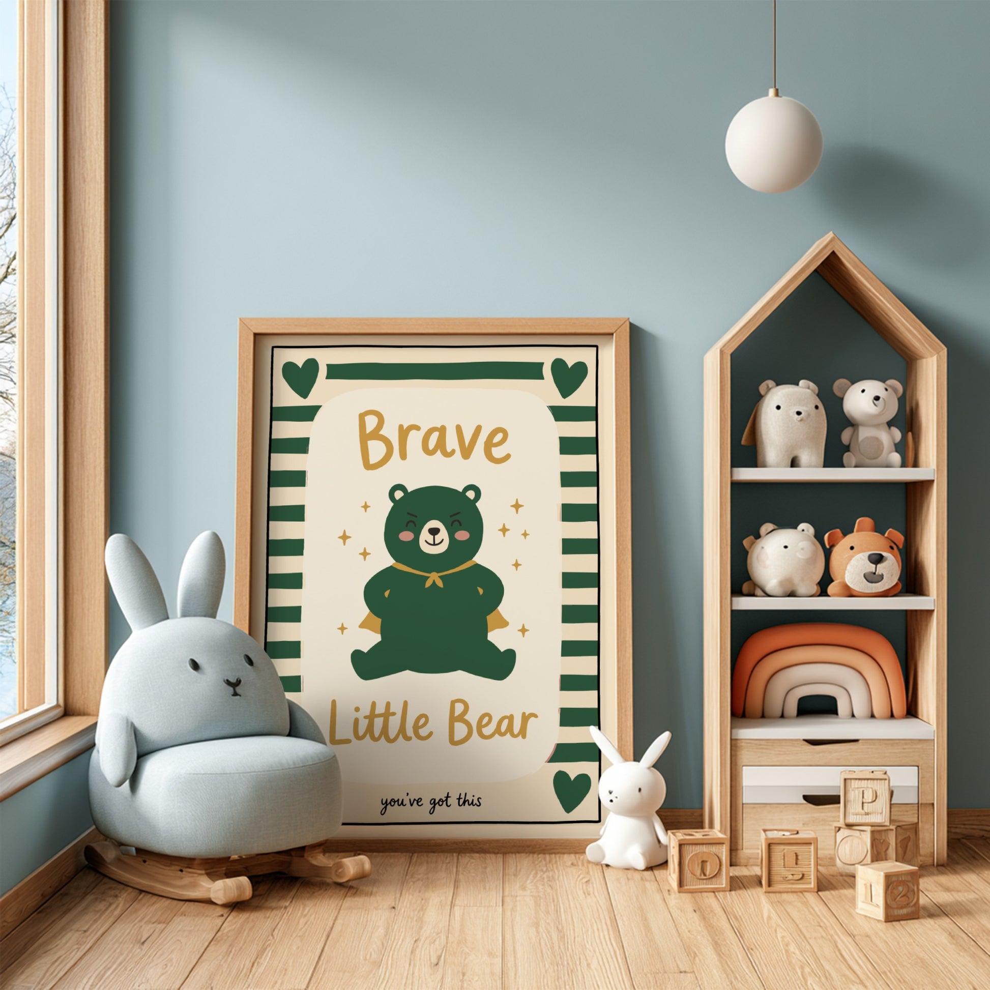 Brave Little Bear poster featuring a green bear in a cape, perfect for kids' room decor and nursery art.
