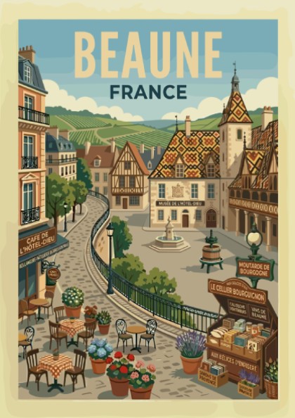 Vintage travel poster of Beaune, France, featuring charming architecture and a retro illustration style.