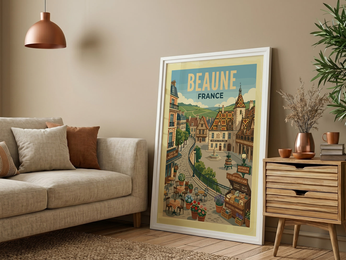 Vintage travel poster of Beaune, France, featuring charming architecture and a retro illustration style.