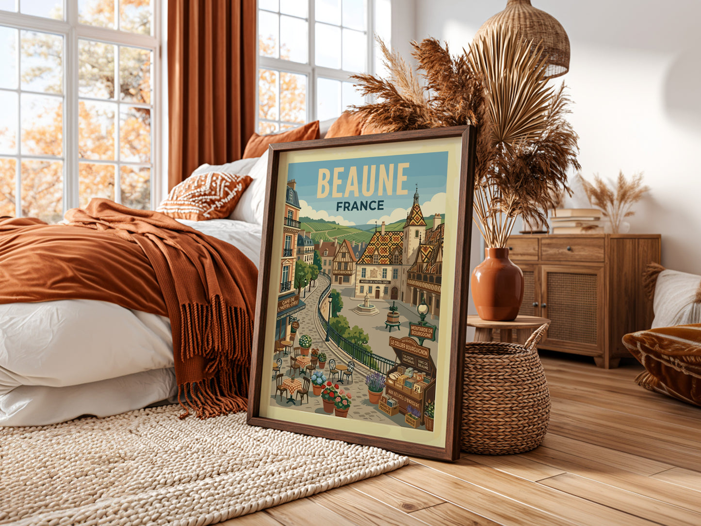 Vintage travel poster of Beaune, France, featuring charming architecture and a retro illustration style.